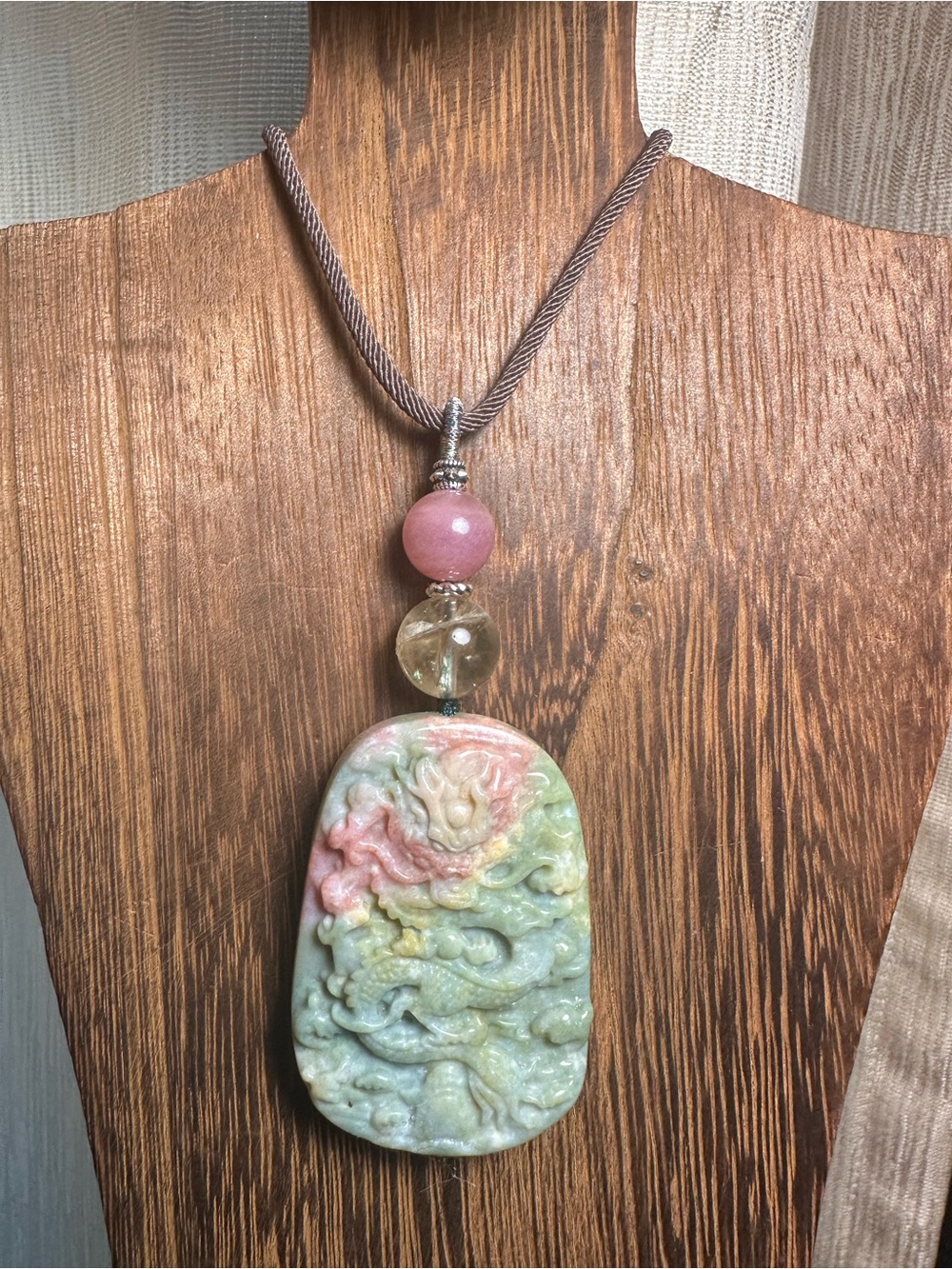 Ocean Jasper Dragon Pendant Necklace with Citrine and Rose Quartz on Brown Rope - Picture 8 of 16
